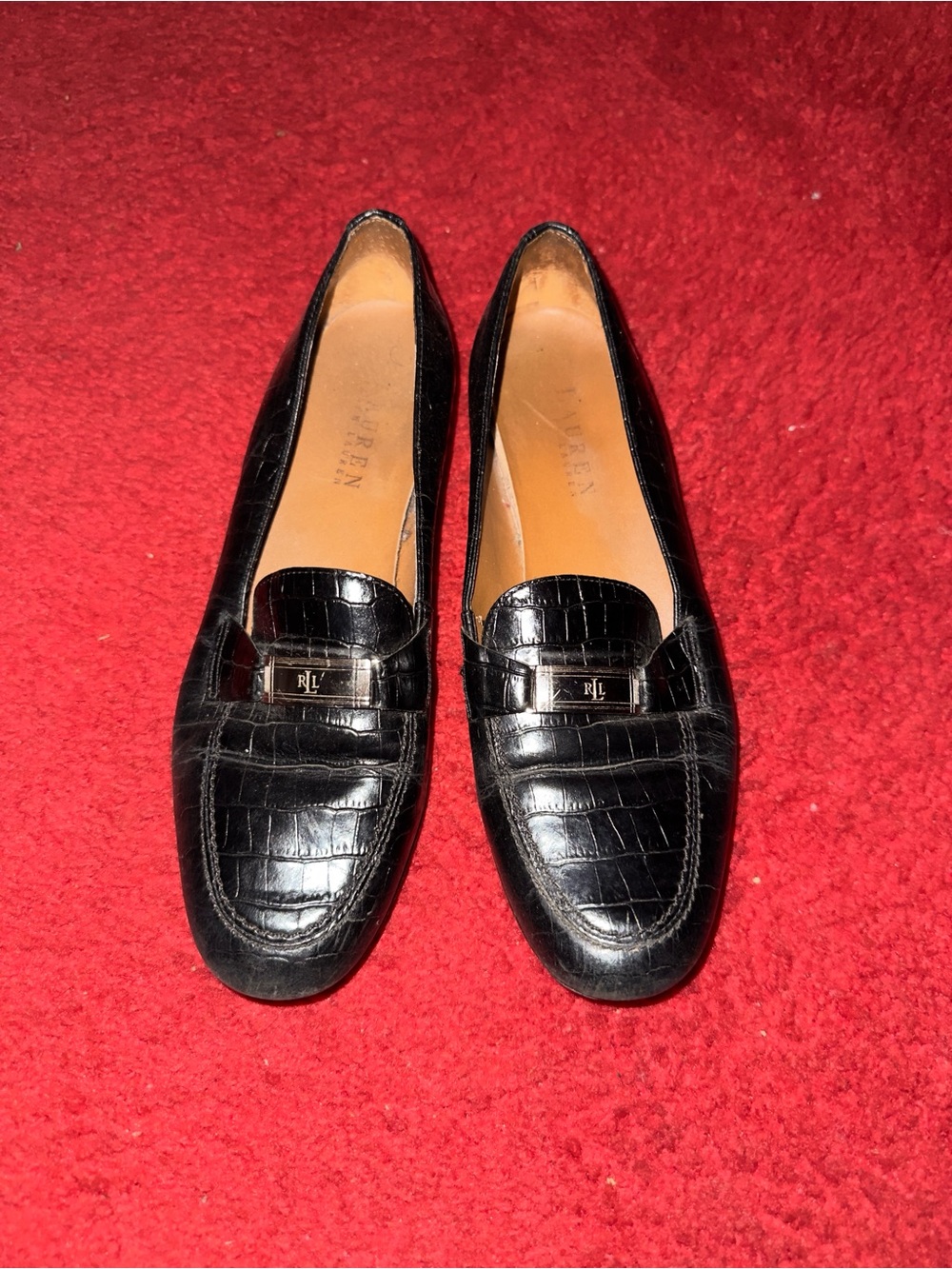 Ralph Lauren Black Croc-Embossed Leather Penny Loafers